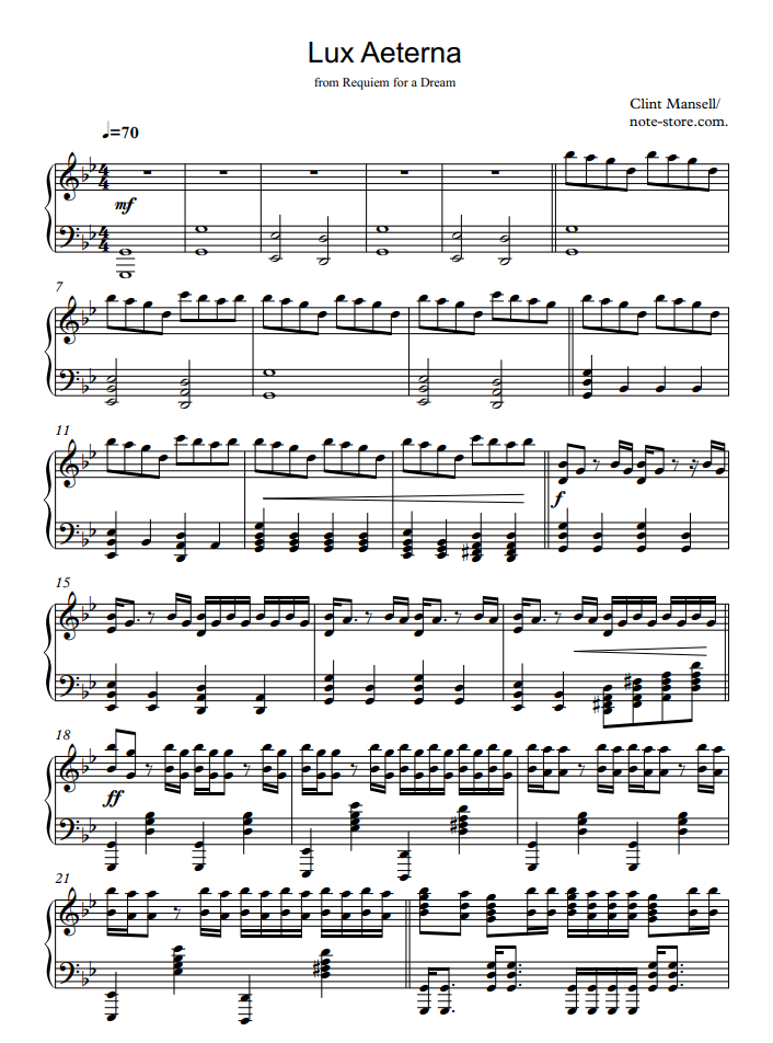 Clint Mansell - Winter: Lux Aeterna (Requiem for a Dream) notas para el fortepiano