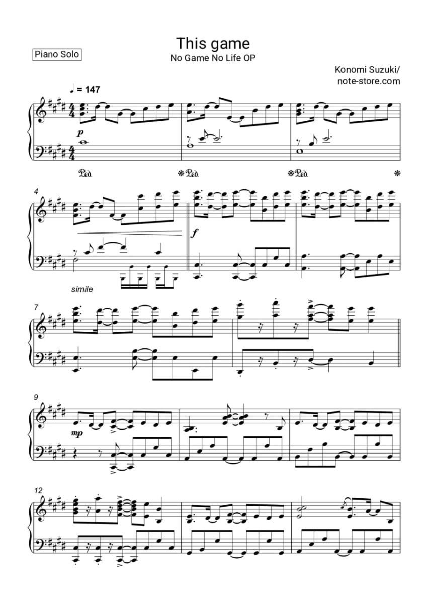 Konomi Suzuki - This game (No Game No Life OP) notas para el fortepiano  descargar para los principiantes Piano.Solo SKU PSO0012845