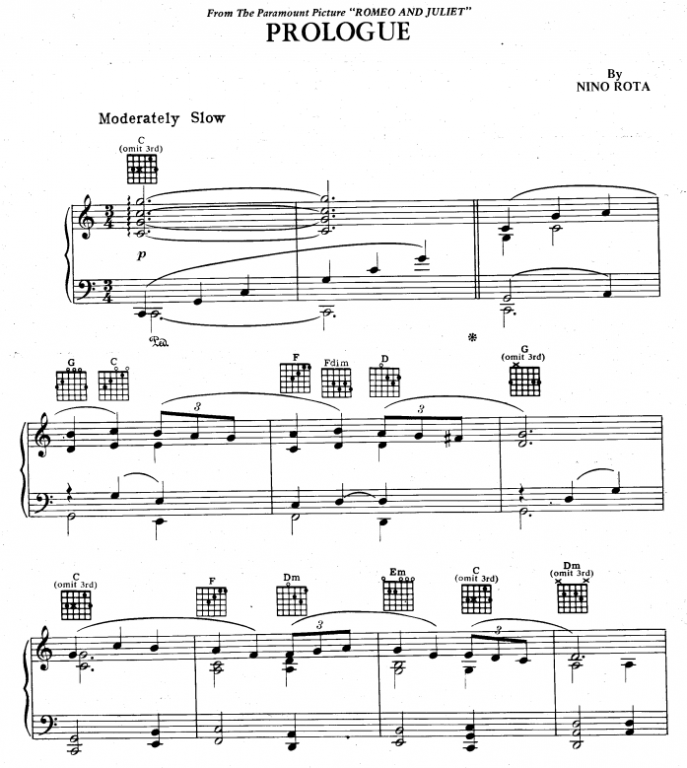 Nino Rota - Prologue and Fanfare for the Prince notas para el fortepiano