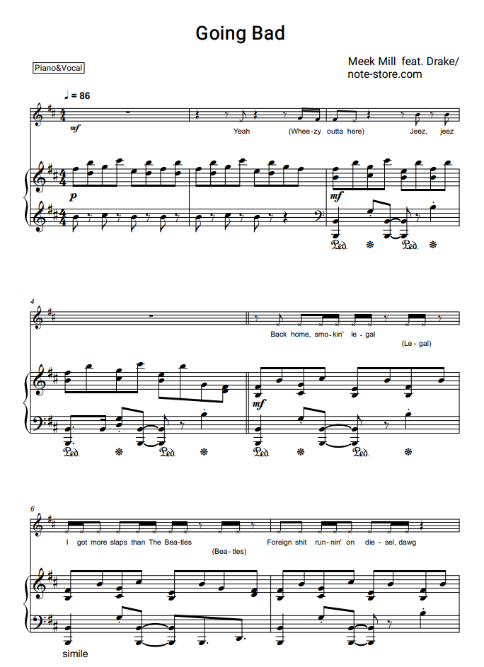 Meek Mill, Drake - Going Bad notas para el fortepiano