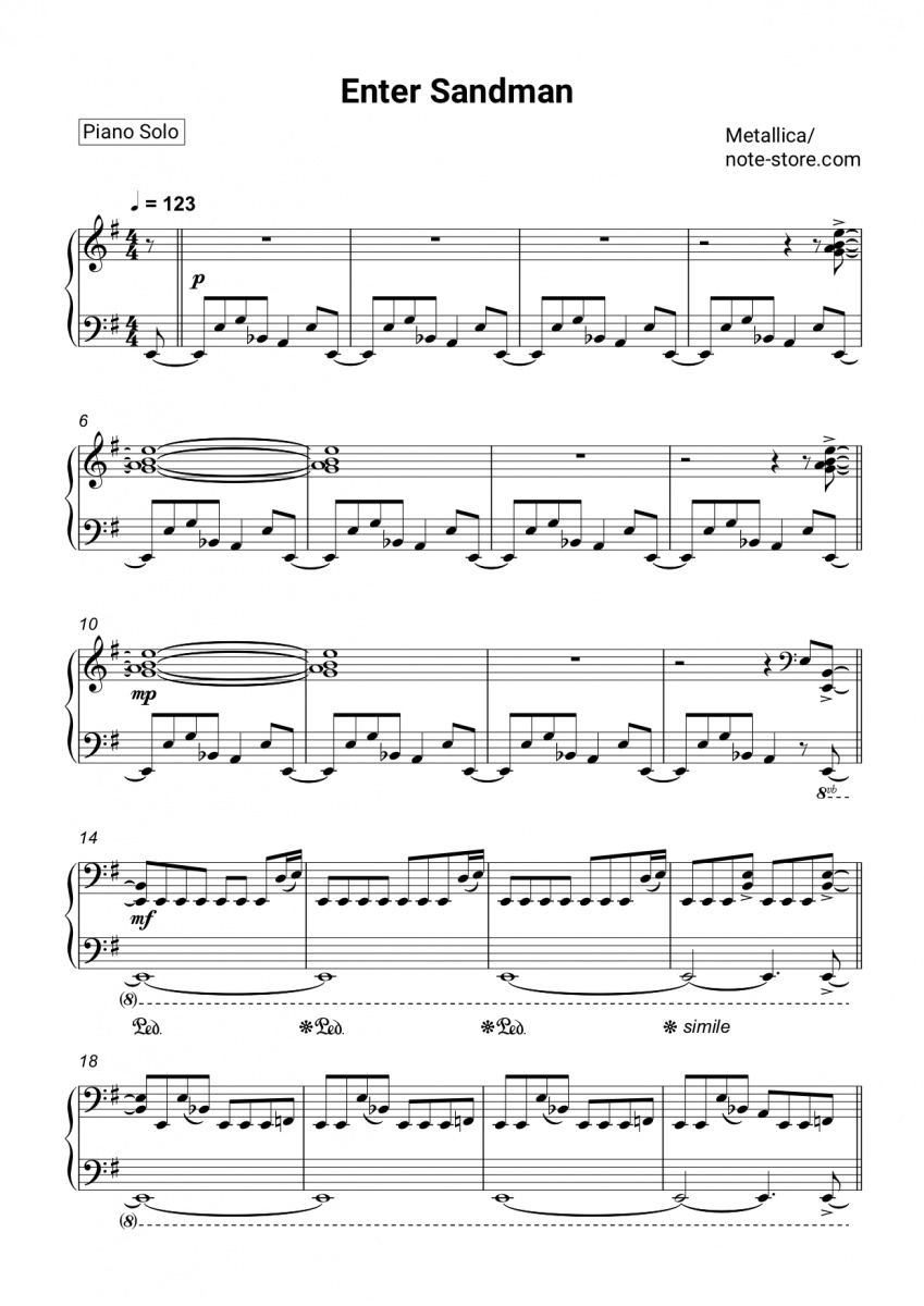 Metallica Enter Sandman Notas Para El Fortepiano Descargar Para Los Principiantes Piano Solo