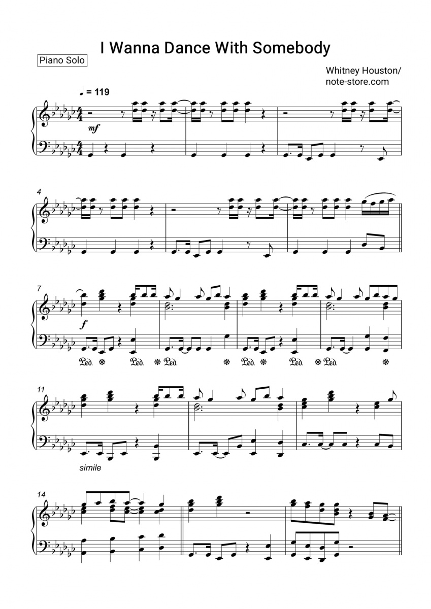Whitney Houston I Wanna Dance With Somebody notas para el fortepiano