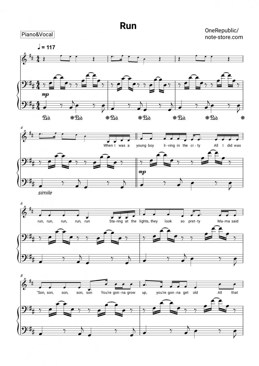 OneRepublic - Run notas para el fortepiano