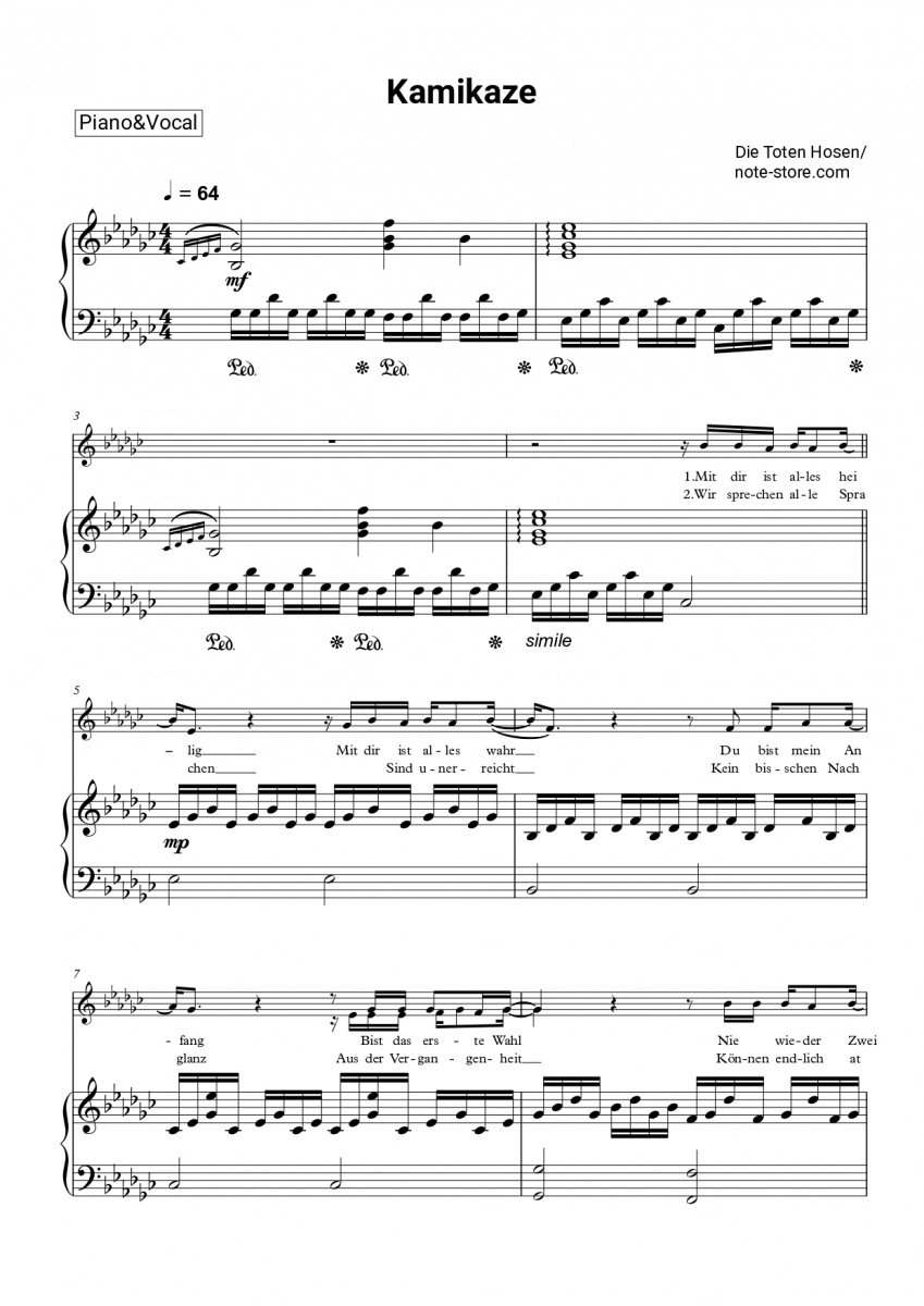 Die Toten Hosen - Kamikaze notas para el fortepiano