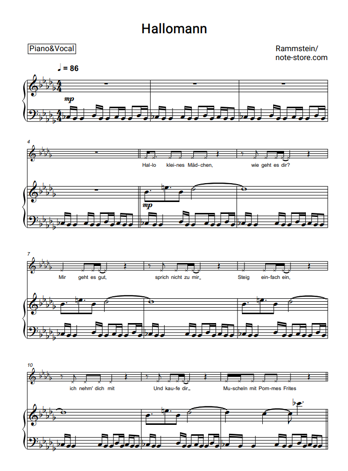 Rammstein - Hallomann notas para el fortepiano