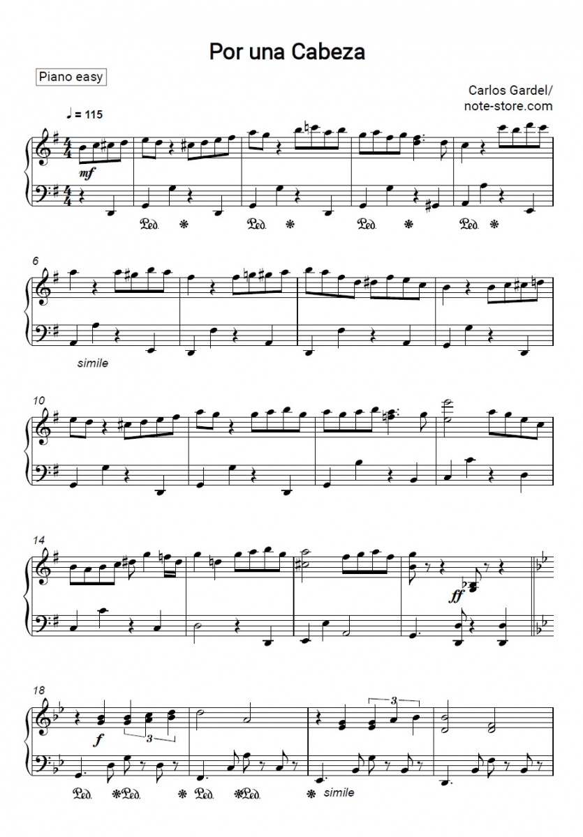 Carlos Gardel - Por una cabeza notas para el fortepiano
