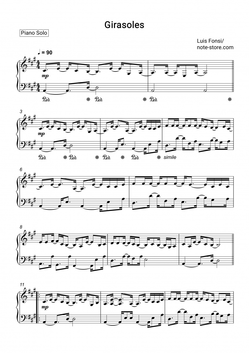 Sinis Sufijo Hacer deporte Luis Fonsi - Girasoles notas para el fortepiano descargar para los  principiantes Piano.Solo SKU PSO0035389