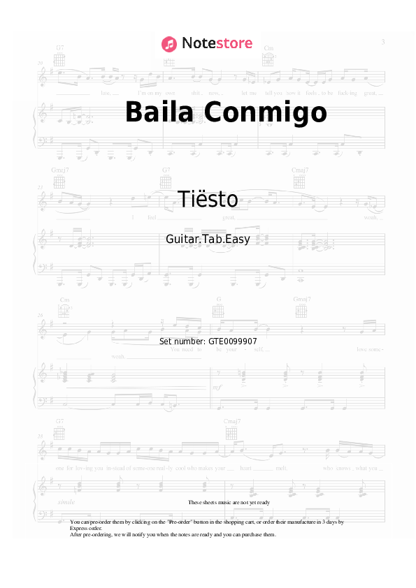 Pestañas fáciles Tiësto - Baila Conmigo - Guitarra.Tablatura.Einfach