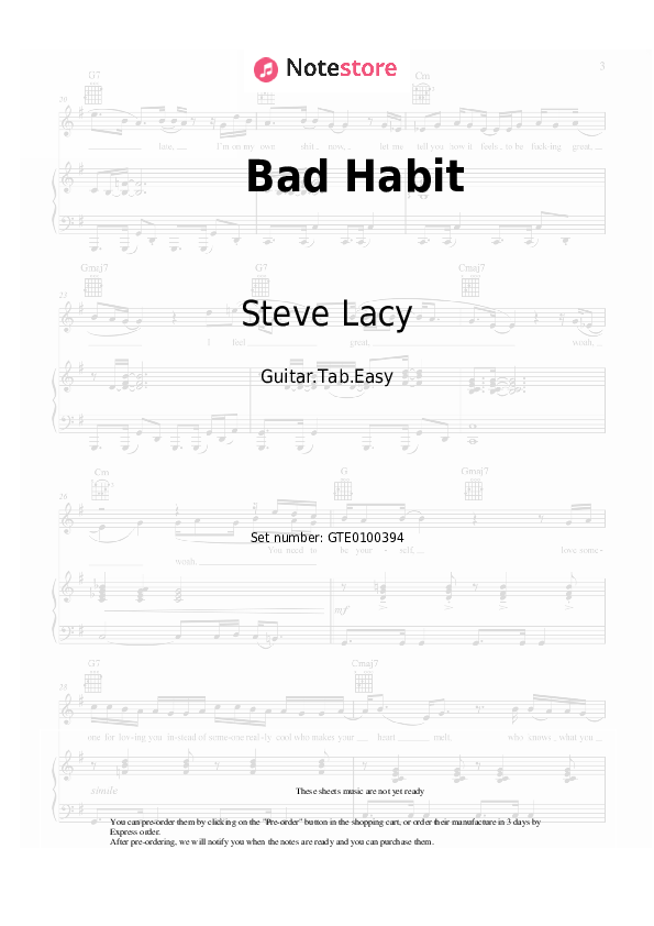 Pestañas fáciles Steve Lacy - Bad Habit - Guitarra.Tablatura.Einfach