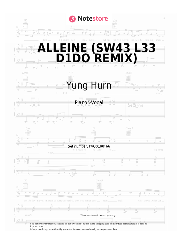 Partituras con voz. Yung Hurn - ALLEINE (SW43 L33 D1DO REMIX) - Piano&Vocal