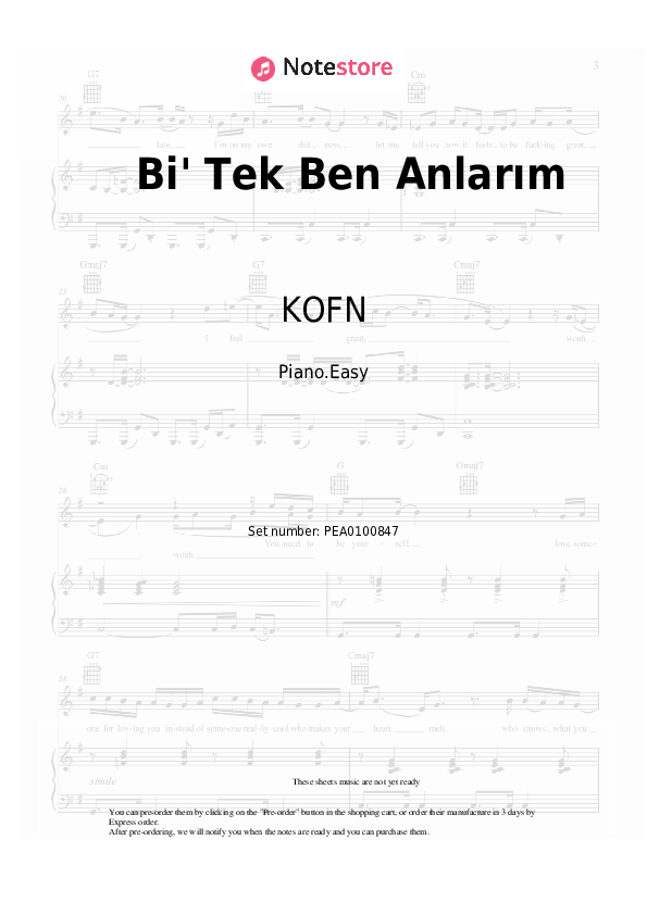 Notas ligeras KOFN - Bi' Tek Ben Anlarım - Piano.Easy