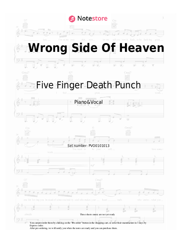 Partituras con voz. Five Finger Death Punch - Wrong Side Of Heaven - Piano&Vocal