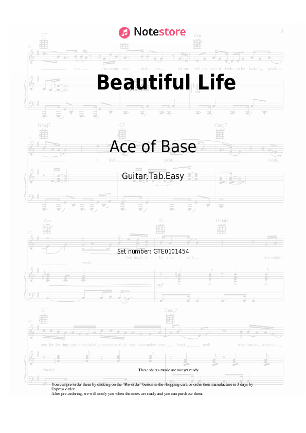 Pestañas fáciles Ace of Base - Beautiful Life - Guitarra.Tablatura.Einfach