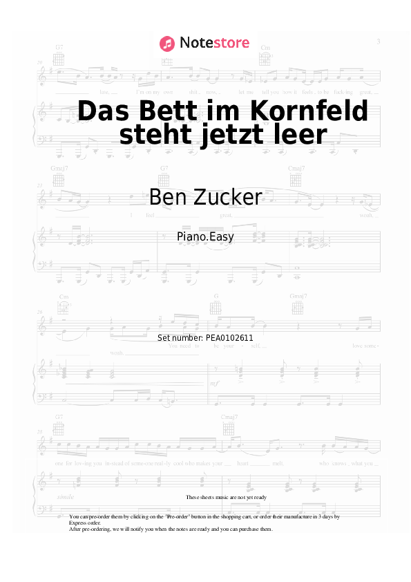 Notas ligeras Ben Zucker - Das Bett im Kornfeld steht jetzt leer - Piano.Easy