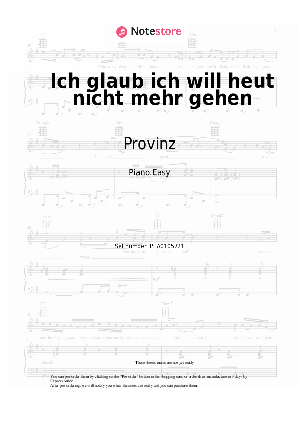 Notas ligeras Nina Chuba, Provinz - Ich glaub ich will heut nicht mehr gehen - Piano.Easy