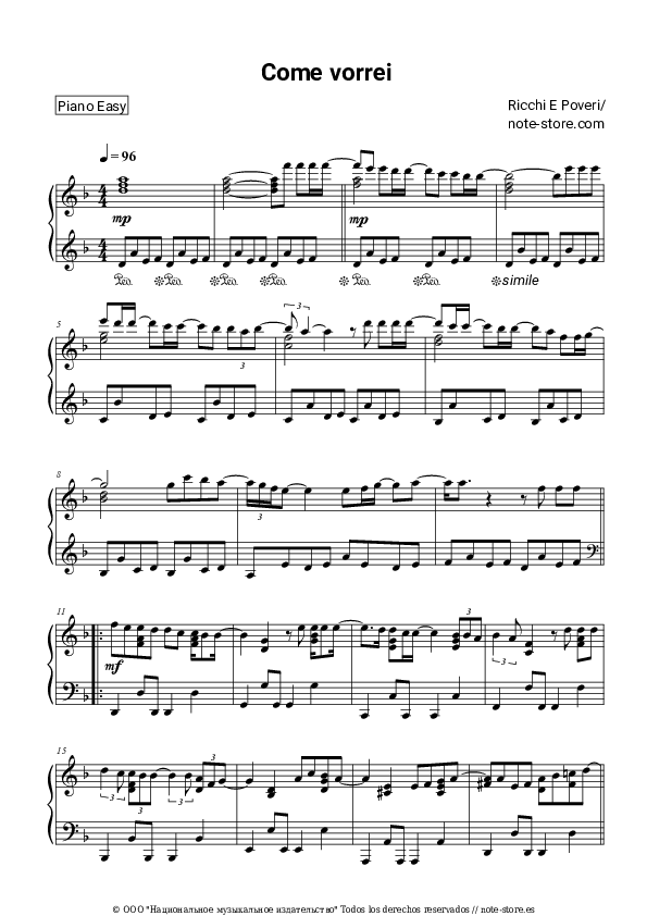 Notas ligeras Ricchi e Poveri - Come vorrei - Piano.Easy