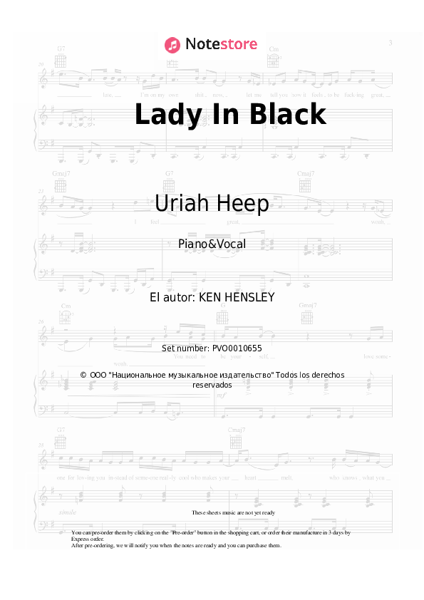 Uriah Heep - Lady In Black notas para el fortepiano