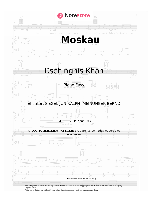 Dschinghis Khan - Moskau notas para el fortepiano