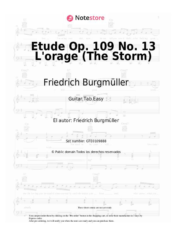 Pestañas fáciles Friedrich Burgmüller - Etude Op. 109 No. 13 L'orage (The Storm) - Guitarra.Tablatura.Einfach