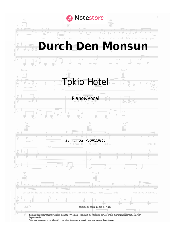 Partituras con voz. Tokio Hotel - Durch Den Monsun - Piano&Vocal