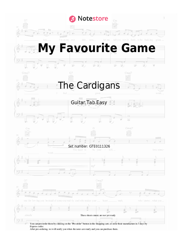 Pestañas fáciles The Cardigans - My Favourite Game - Guitarra.Tablatura.Einfach