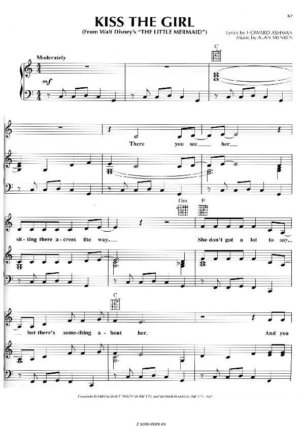 Alan Menken - Kiss The Girl (from The Little Mermaid) notas para el fortepiano