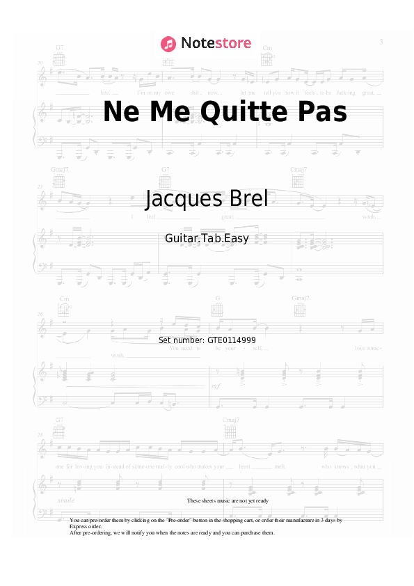 Pestañas fáciles Jacques Brel - Ne Me Quitte Pas - Guitarra.Tablatura.Einfach