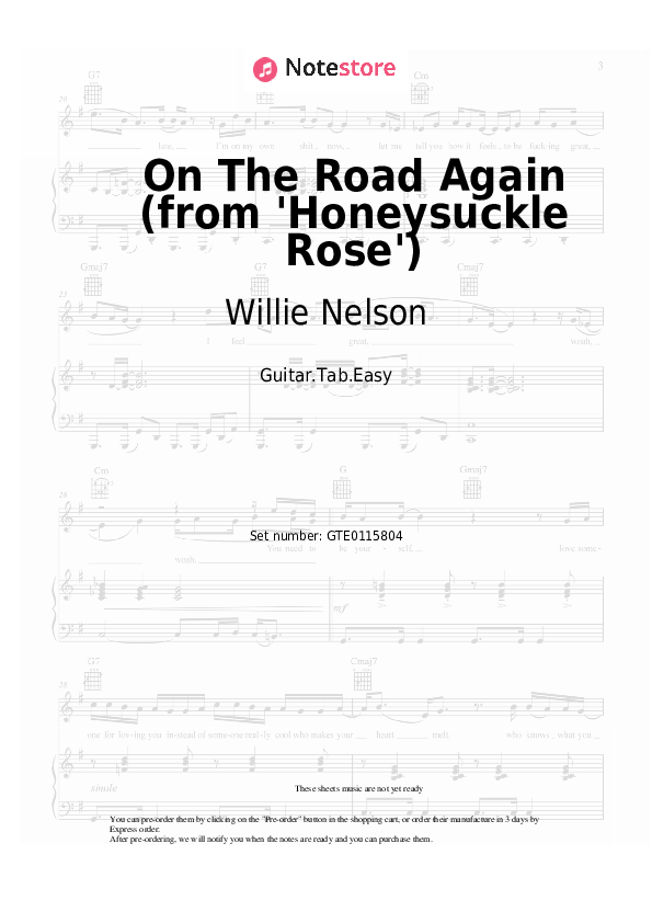 Pestañas fáciles Willie Nelson - On The Road Again (from 'Honeysuckle Rose') - Guitarra.Tablatura.Einfach