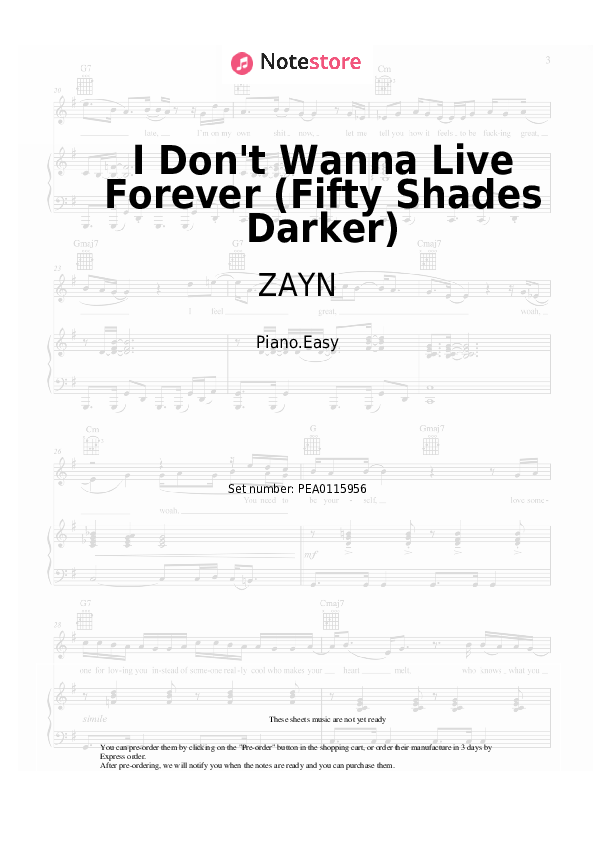 Notas ligeras ZAYN, Taylor Swift - I Don't Wanna Live Forever (Fifty Shades Darker) - Piano.Easy