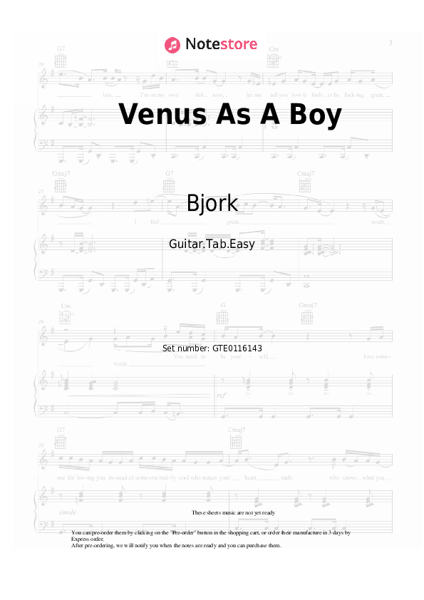 Pestañas fáciles Bjork - Venus As A Boy - Guitarra.Tablatura.Einfach