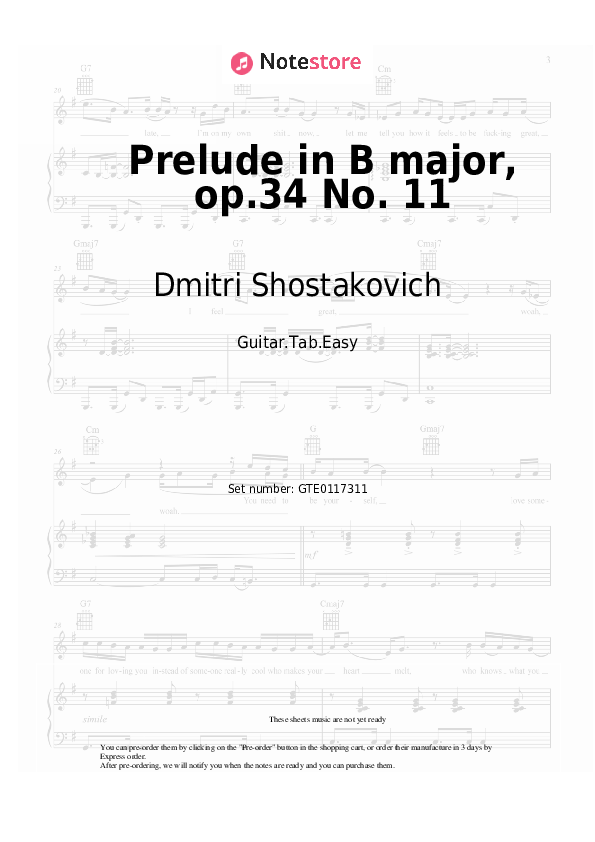Pestañas fáciles Dmitri Shostakovich - Prelude in B major, op.34 No. 11 - Guitarra.Tablatura.Einfach