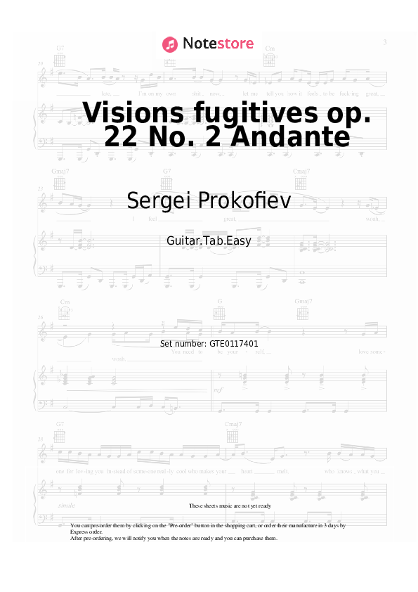 Pestañas fáciles Sergei Prokofiev - Visions fugitives op. 22 No. 2 Andante - Guitarra.Tablatura.Einfach