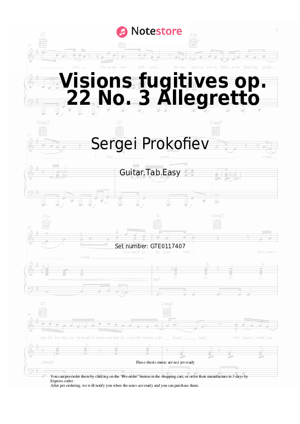 Pestañas fáciles Sergei Prokofiev - Visions fugitives op. 22 No. 3 Allegretto - Guitarra.Tablatura.Einfach