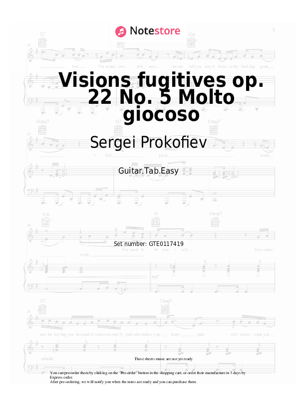 Pestañas fáciles Sergei Prokofiev - Visions fugitives op. 22 No. 5 Molto giocoso - Guitarra.Tablatura.Einfach