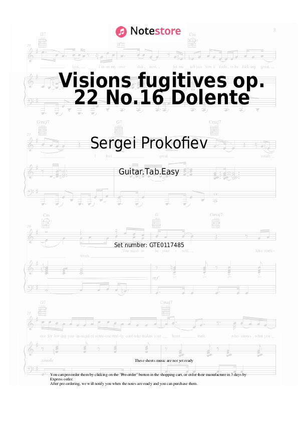 Pestañas fáciles Sergei Prokofiev - Visions fugitives op. 22 No.16 Dolente - Guitarra.Tablatura.Einfach