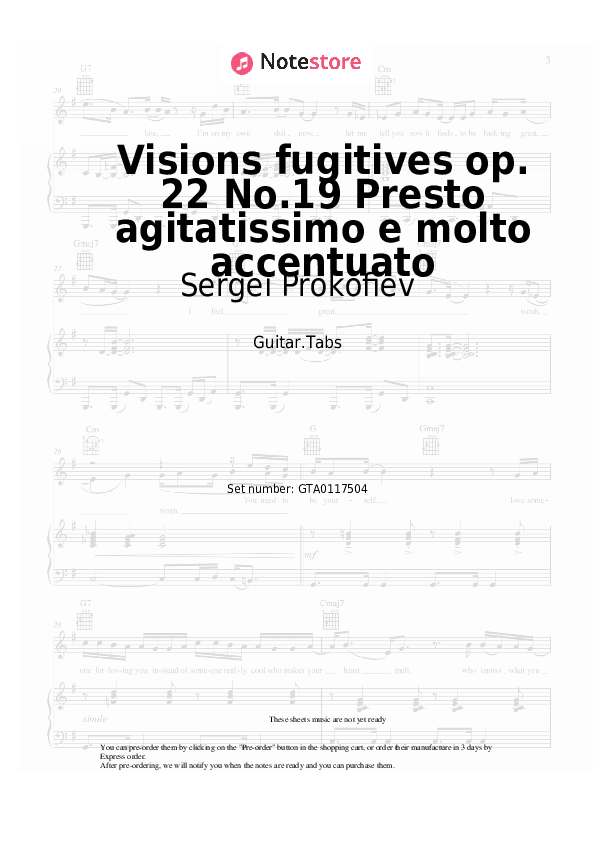 Pestañas Sergei Prokofiev - Visions fugitives op. 22 No.19 Presto agitatissimo e molto accentuato - Guitarra.Tablatura