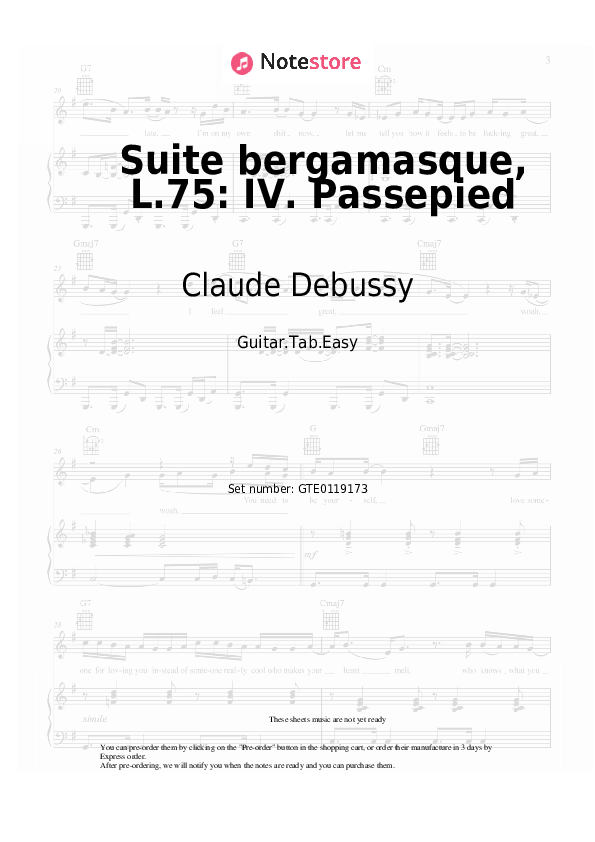 Pestañas fáciles Claude Debussy - Suite bergamasque, L.75: IV. Passepied - Guitarra.Tablatura.Einfach