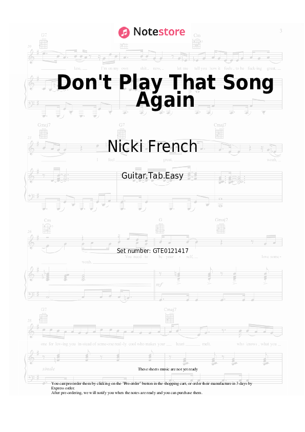 Pestañas fáciles Nicki French - Don't Play That Song Again - Guitarra.Tablatura.Einfach