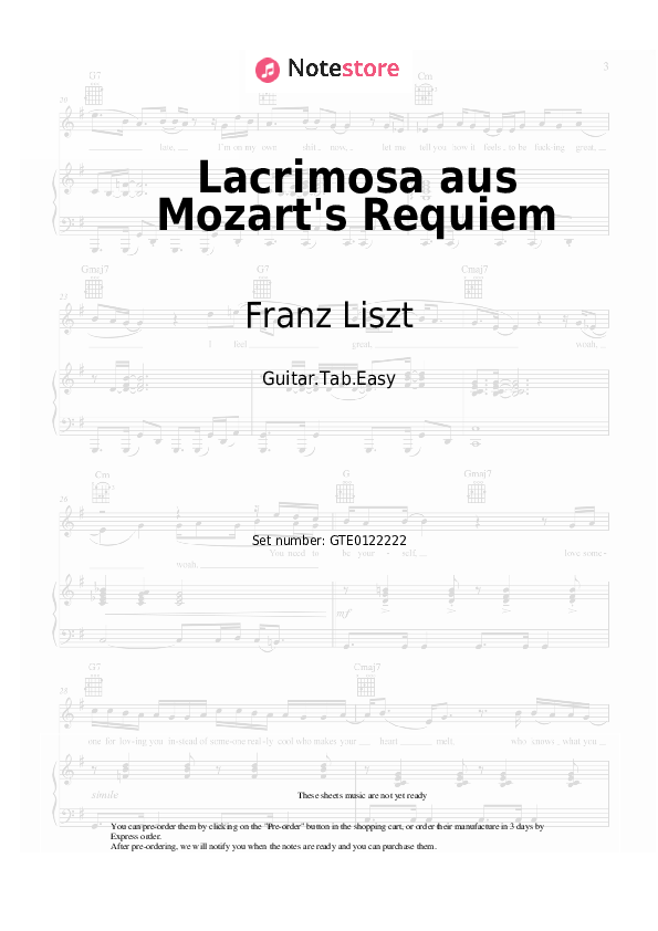 Pestañas fáciles Franz Liszt - Lacrimosa aus Mozart's Requiem - Guitarra.Tablatura.Einfach