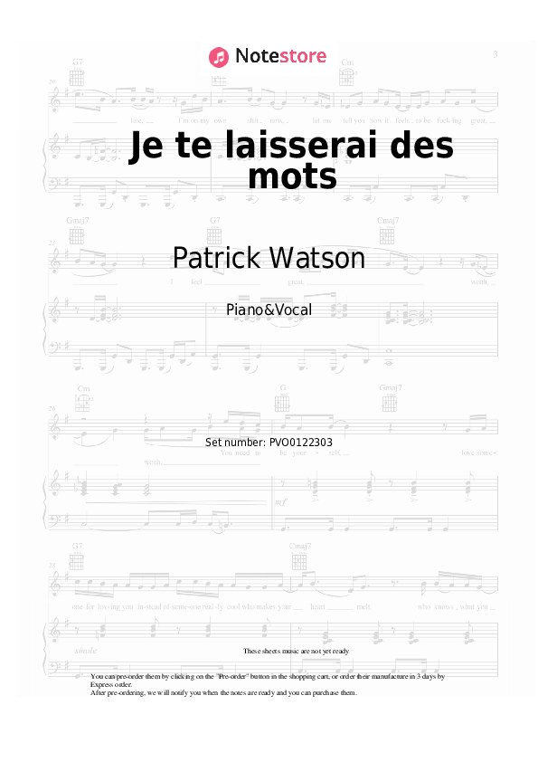 Partituras con voz. Patrick Watson - Je te laisserai des mots - Piano&Vocal