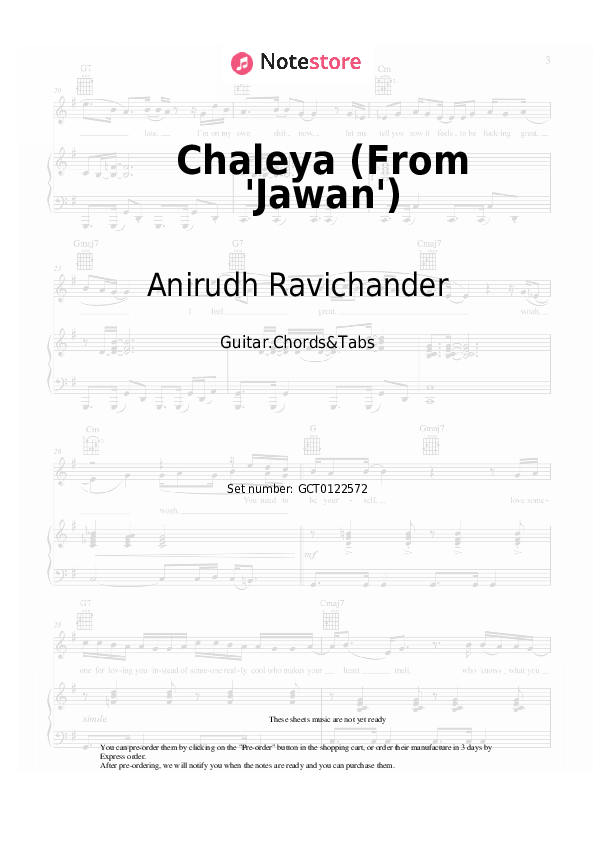 Acordes Anirudh Ravichander, Arijit Singh, Shilpa Rao - Chaleya (From 'Jawan') - Guitar.Chords&Tabs