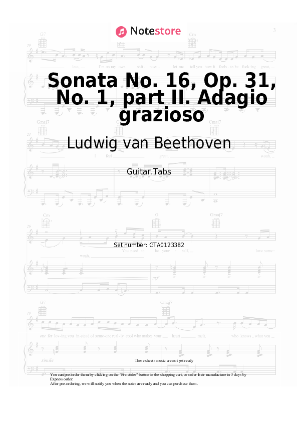 Pestañas Ludwig van Beethoven - Sonata No. 16, Op. 31, No. 1, part II. Adagio grazioso - Guitarra.Tablatura