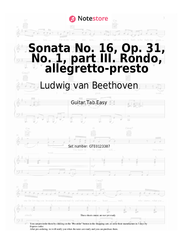 Pestañas fáciles Ludwig van Beethoven - Sonata No. 16, Op. 31, No. 1, part III. Rondo, allegretto-presto - Guitarra.Tablatura.Einfach