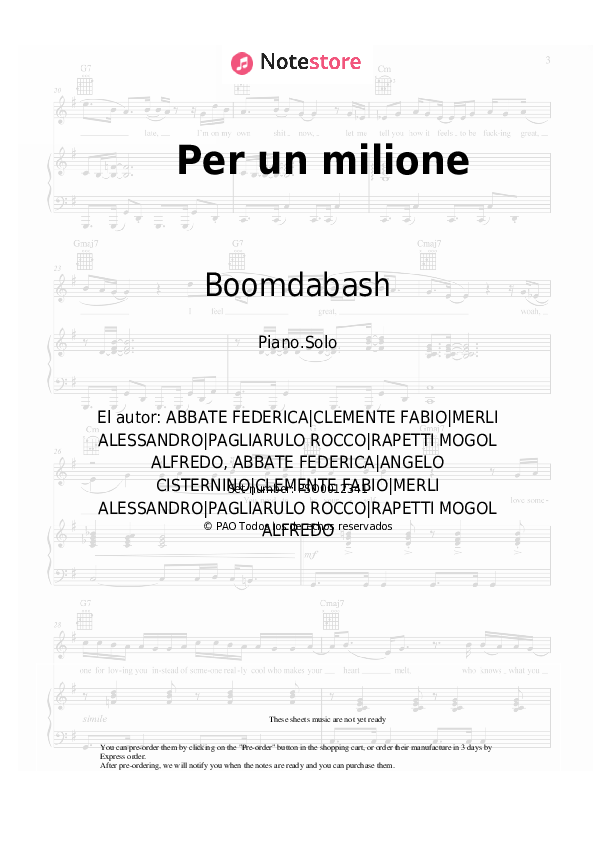 Boomdabash - Per un milione notas para el fortepiano