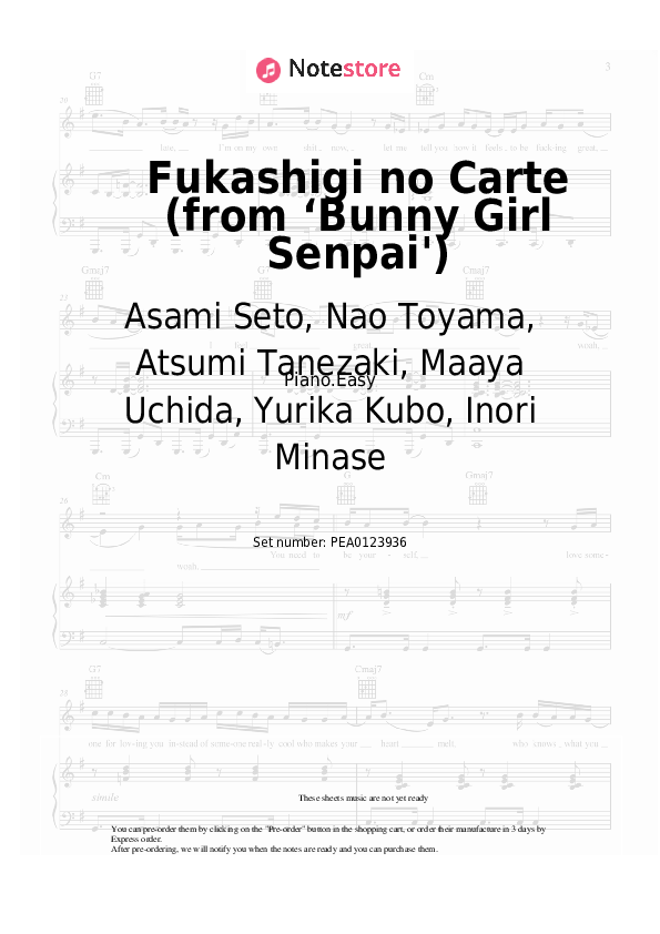 Notas ligeras Asami Seto, Nao Toyama, Atsumi Tanezaki, Maaya Uchida, Yurika Kubo, Inori Minase - Fukashigi no Carte (from ‘Bunny Girl Senpai') - Piano.Easy