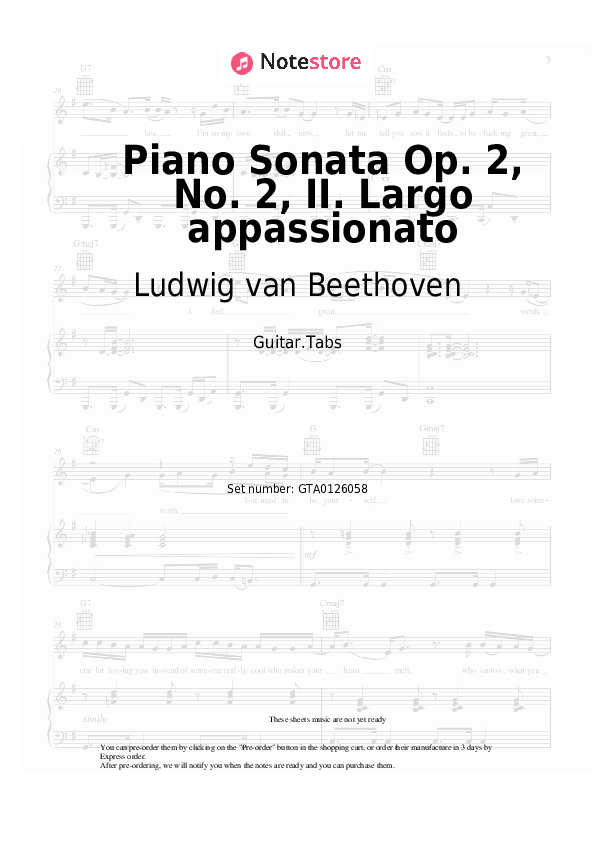 Pestañas Ludwig van Beethoven - Piano Sonata Op. 2, No. 2, II. Largo appassionato - Guitarra.Tablatura