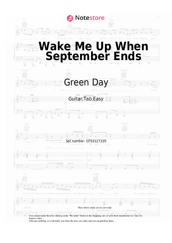 Pestañas fáciles Green Day - Wake Me Up When September Ends - Guitarra.Tablatura.Einfach