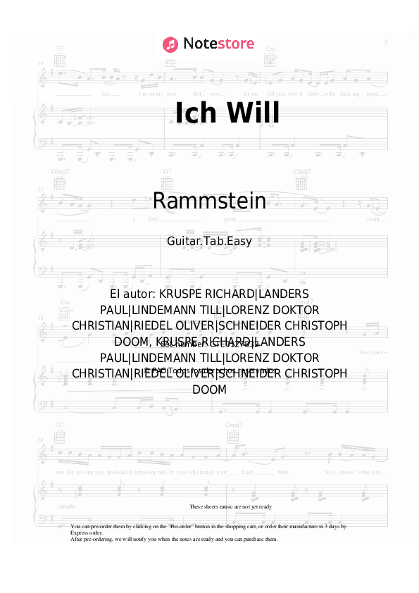 Pestañas fáciles Rammstein - Ich Will - Guitarra.Tablatura.Einfach