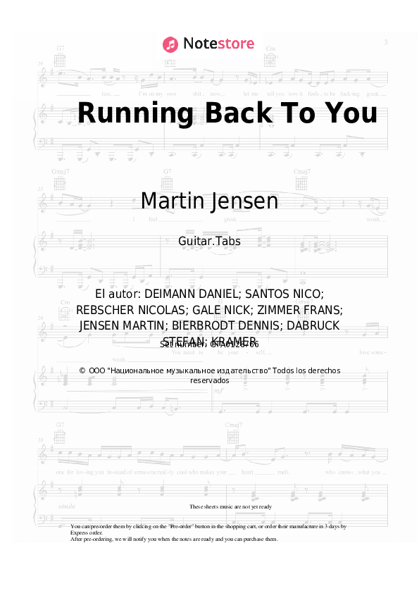 Pestañas Martin Jensen, Alle Farben, Nico Santos - Running Back To You - Guitarra.Tablatura