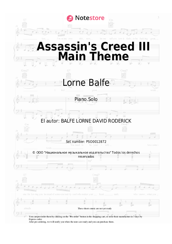 Lorne Balfe - Assassin's Creed III Main Theme notas para el fortepiano